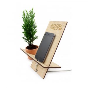 Support téléphone en bois personnalisable avec plante