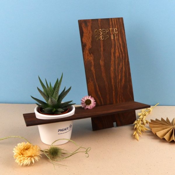 Support de téléphone en bois avec plante publicitaire