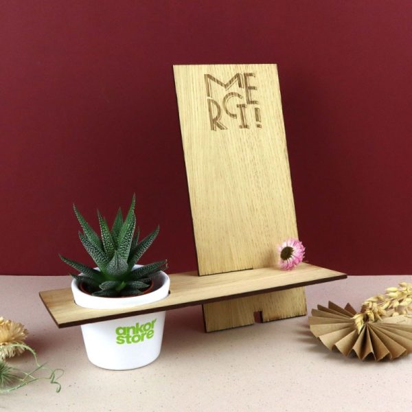 Support de téléphone en bois avec plante publicitaire