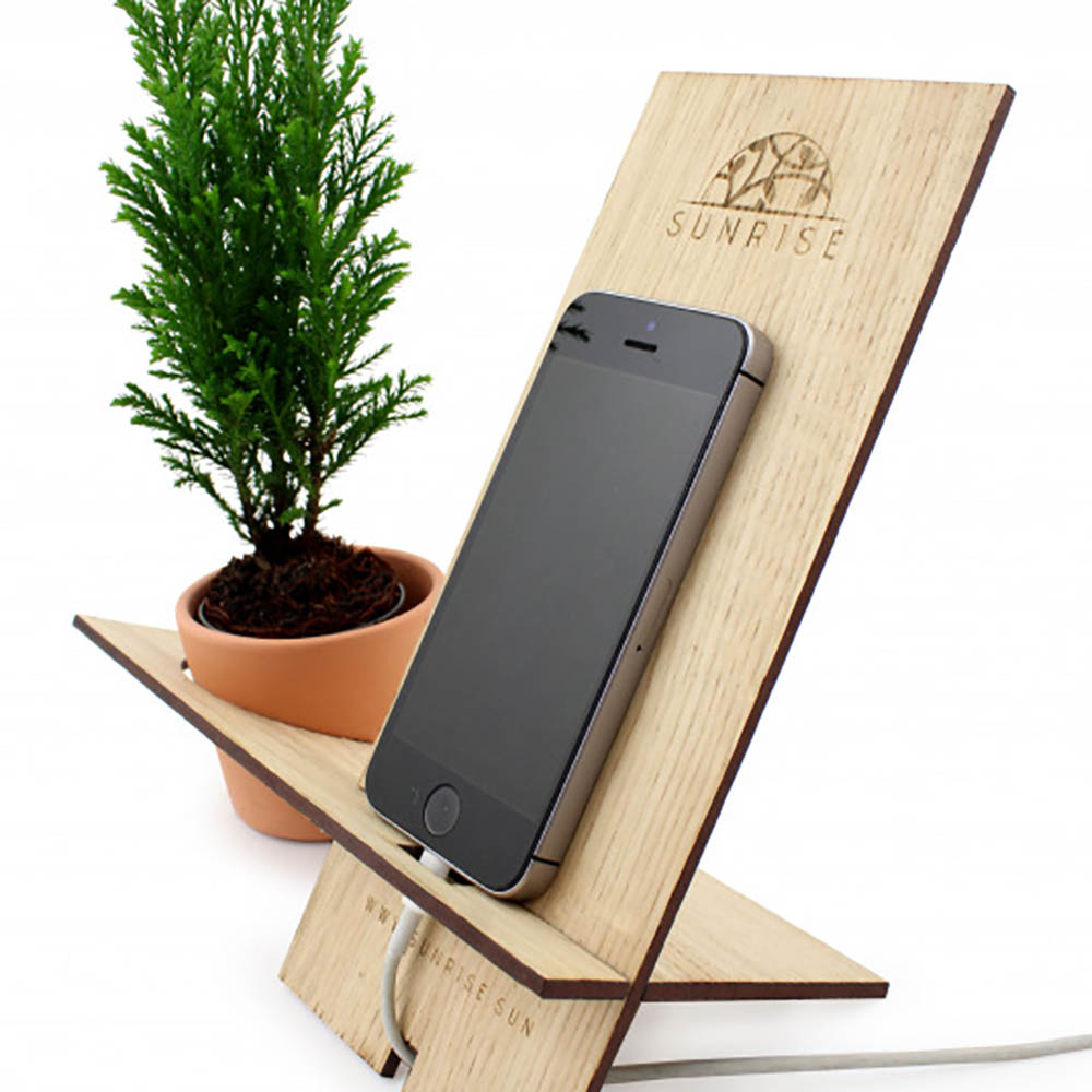 Support de téléphone en bois avec plante