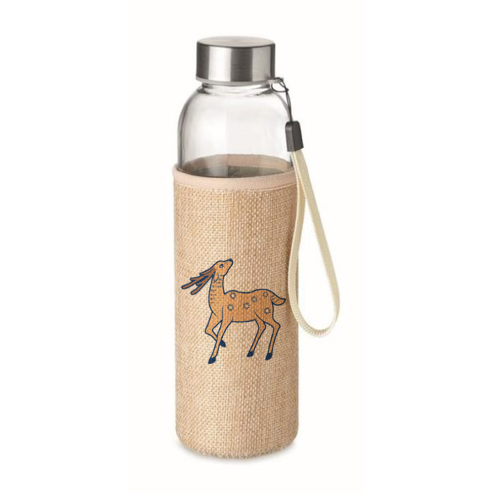 Gourde publicitaire en verre personnalisé avec pochette en toile de jute
