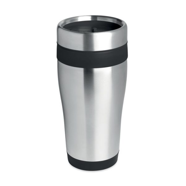 Tasse à double paroi en acier inoxydable avec couvercle. Intérieur en PP. Contenance 455 ml.