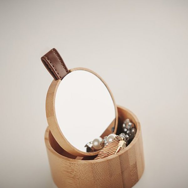 Petite boîte à bijoux publicitaire en bambou avec miroir amovible