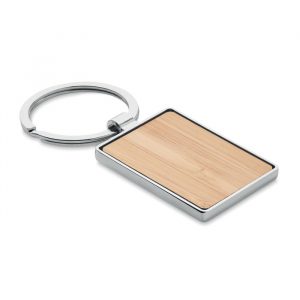 Porte-clés publicitaire rectangulaire en zinc avec surface en bambou