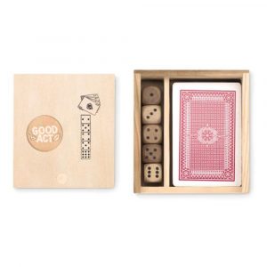 Jeux de cartes et 5 dés dans une boîte en bois personnalisée