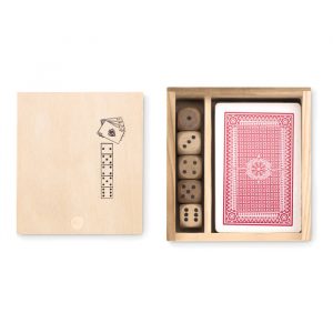 Jeux de cartes et 5 dés dans une boîte en bois personnalisée