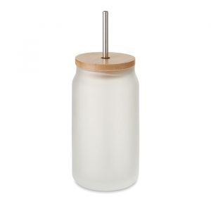 Gobelet en verre personnalisable avec couvercle en bambou et paille