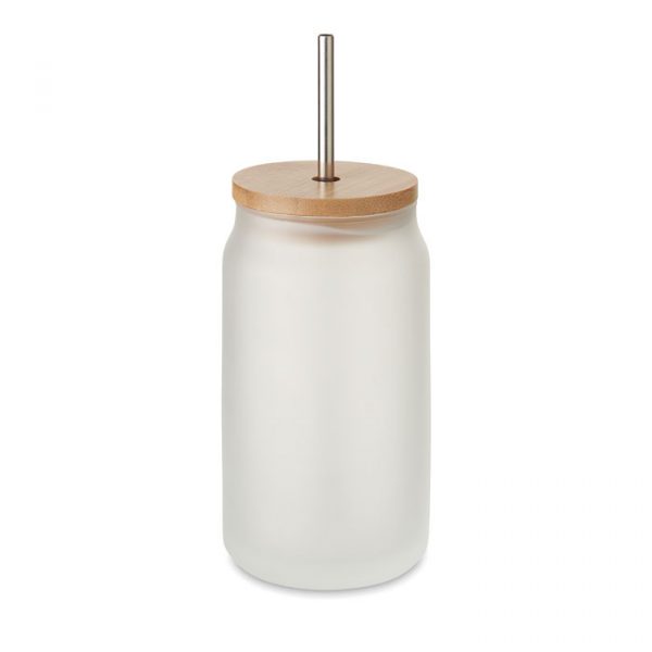 Gobelet en verre personnalisable avec couvercle en bambou et paille