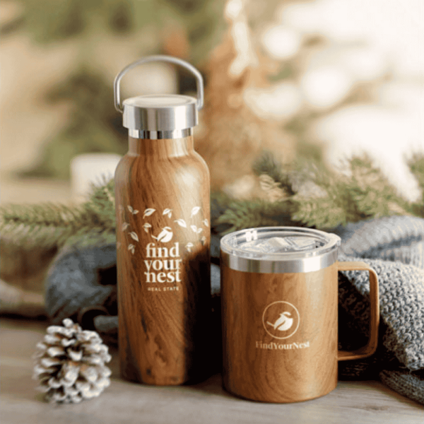 Gourde isotherme publicitaire en acier inox revêtement bois - 500 ml