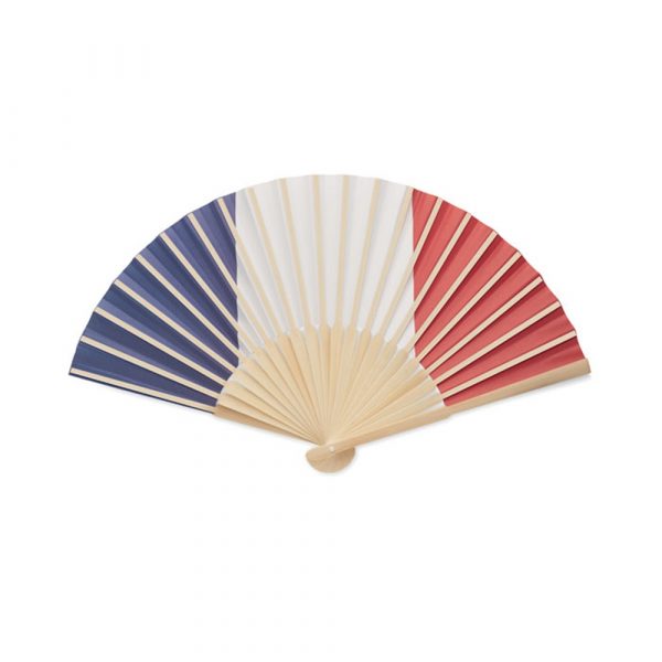 Éventail bleu, blanc, rouge en bambou personnalisé avec un logo