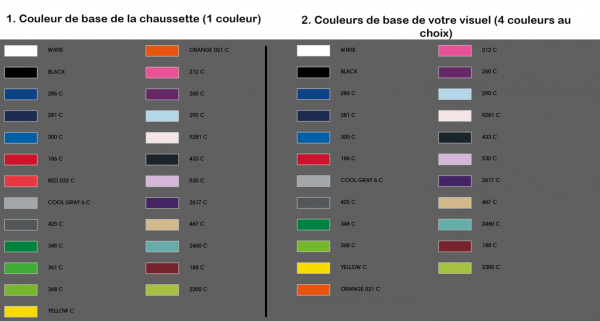 Liste des couleurs disponibles pour les chaussettes personnalisées Made in UE