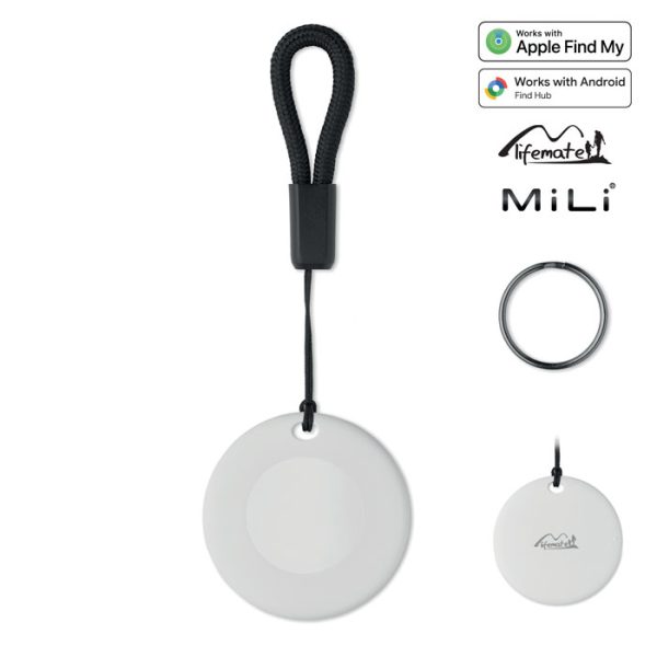 Porte-clés MILI Lifemate Life Tag Duo. Dispositif de localisation intelligent compatible Apple Find My / Google Find Hub, livré avec dragonne et anneau supplémentaire. Indice d’étanchéité IP65.