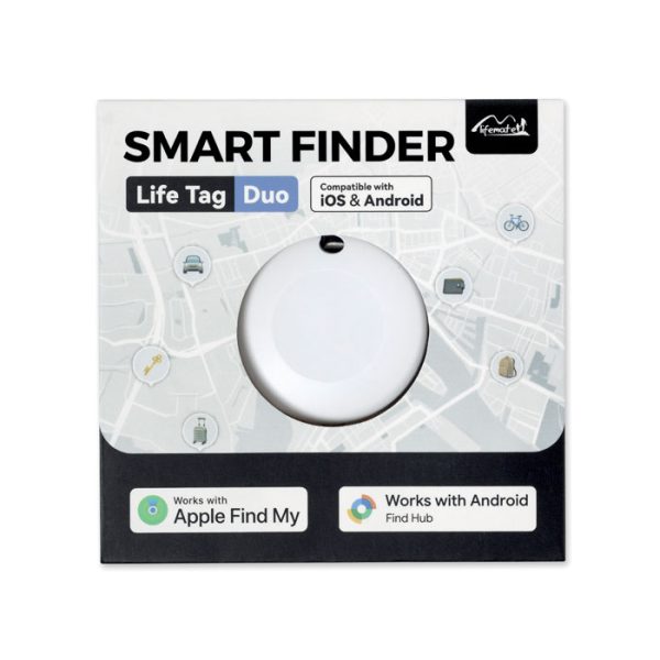 Porte-clés MILI Lifemate Life Tag Duo. Dispositif de localisation intelligent compatible Apple Find My / Google Find Hub, livré avec dragonne et anneau supplémentaire. Indice d’étanchéité IP65.