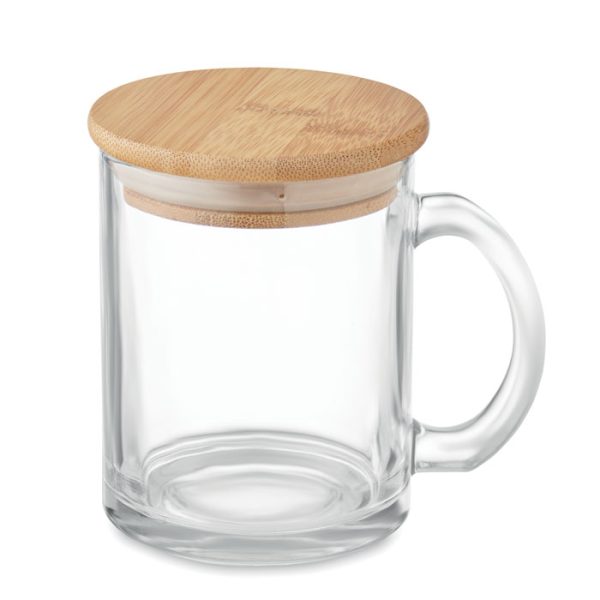 Mug en verre recyclé avec couvercle bambou - 300 ml personnalisé