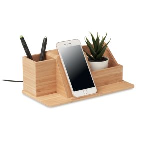 Chargeur sans fil bambou avec organisateur de bureau - 15W personnalisé